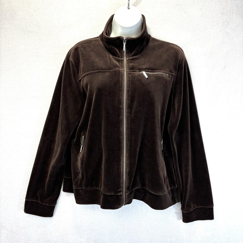 Vintage Y2K Lauren Ralph Lauren Velour Jacket Womens Large L Brown Zip Pockets‎